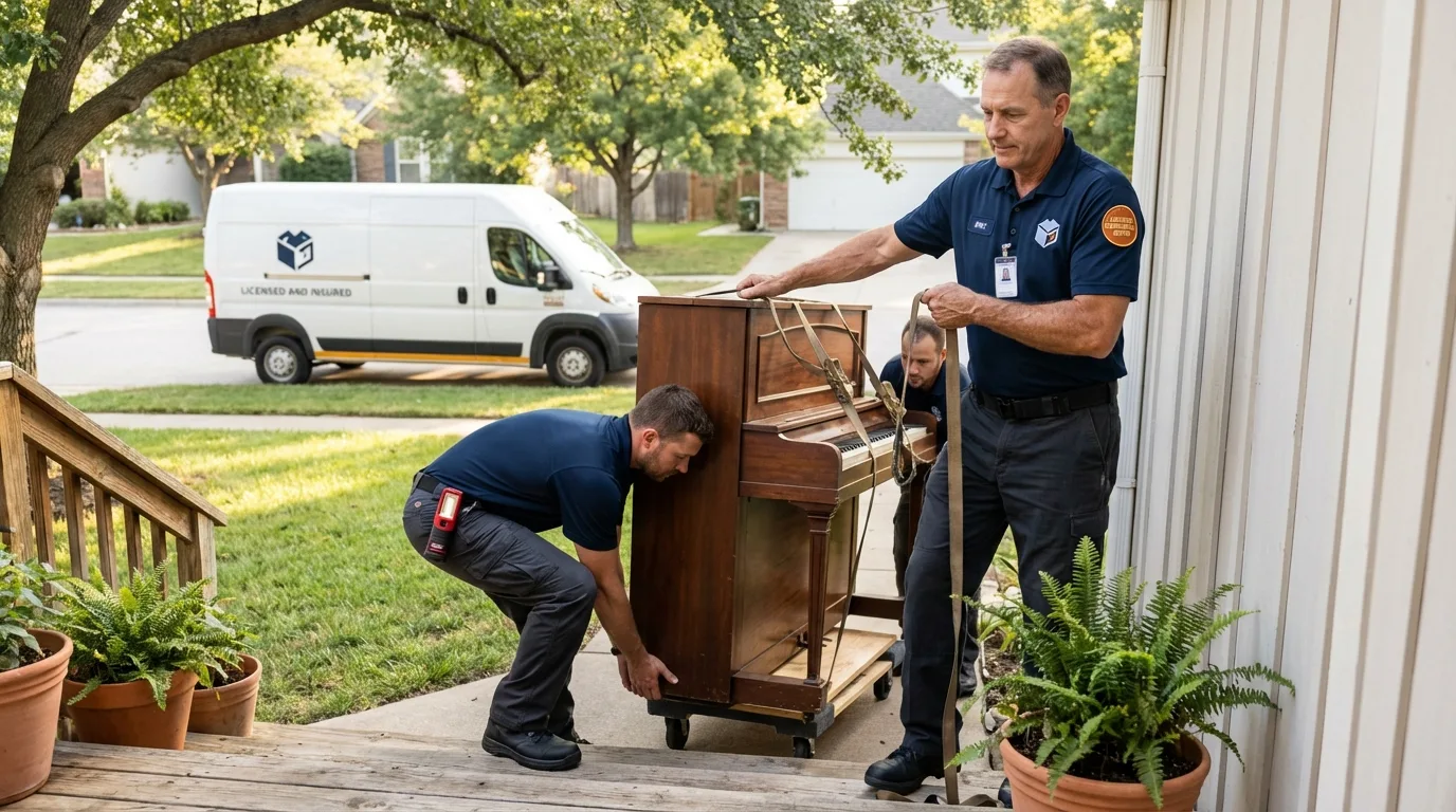 Licensed piano movers securing grand piano in Jasper, TN