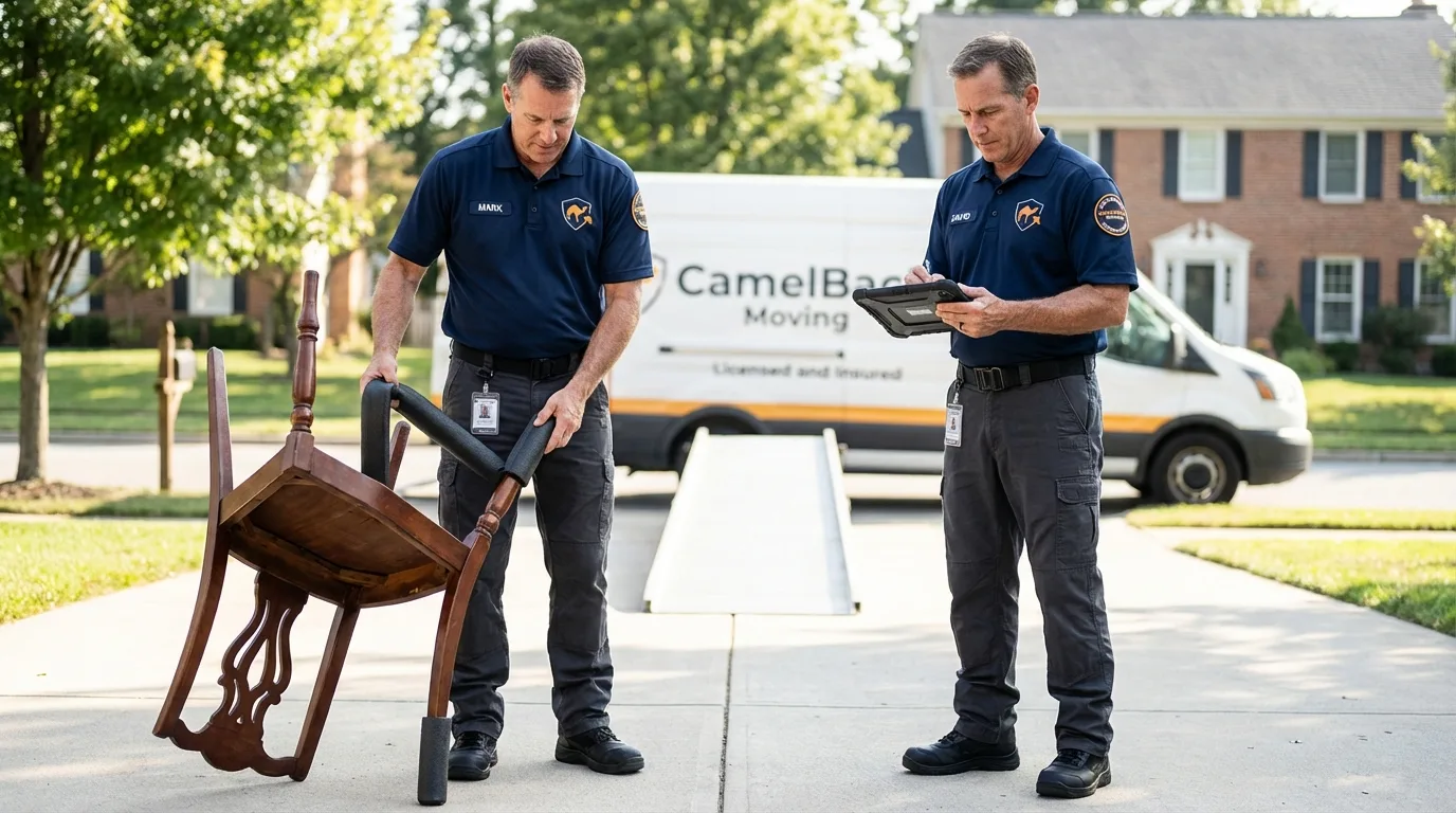 Movers inspecting furniture for damage prevention before loading in Jasper, TN